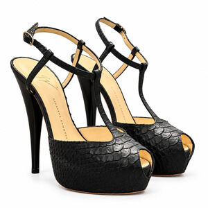 Giuseppe Zanotti Black Genuine Python T Strap Platform Peep Toe Heels Size 35